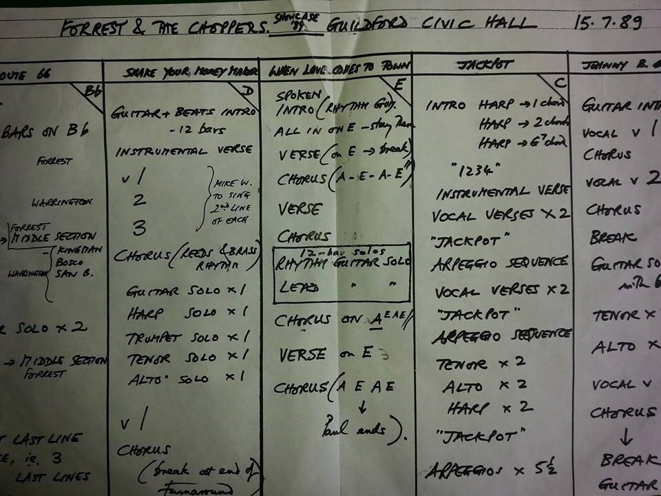 A typical Andy Forrest set list "spreadsheet" - this for the Showcase at the Guildford Civic Hall, July 89.